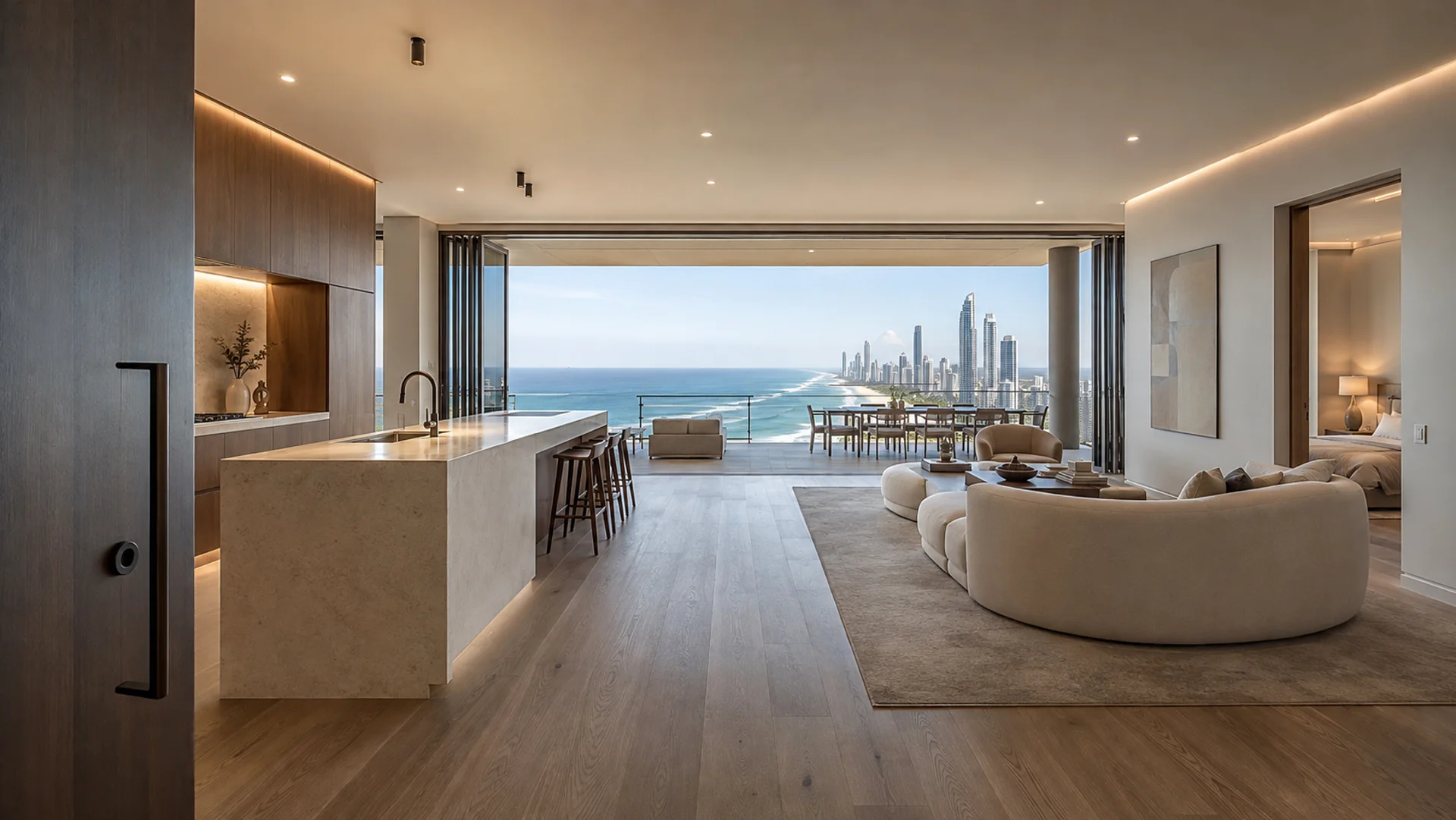 Illustrative beachfront penthouse with a stone kitchen, open balcony doors and Pacific Ocean views
